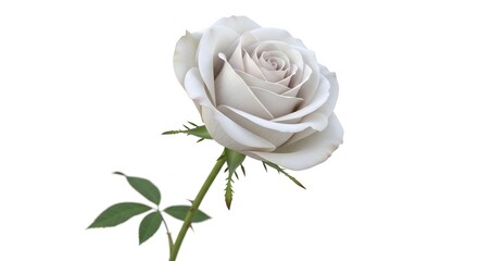 Elegant single white silver rose on a stem isolated on white background.