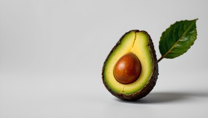 An avocado, halved to reveal its creamy flesh and pit in the center. The avocado is garnished with a single leaf, adding a touch of freshness to the scene