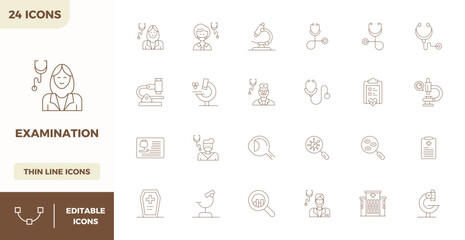 Examination Vector Icon Library with 24 Thin Outline 128x128 PIXEL Perfect Designs