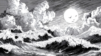 Stormy ocean wave ink illustration with dramatic cloud and full moon, powerful black and white seascape conveying dynamic motion and moody atmosphere