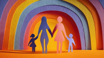 Colorful Paper Cutout Family Holding Hands Under Rainbow-Style Arch with Vibrant Background