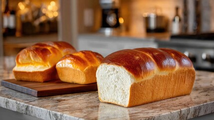 Freshly Baked Loaves of Bread on a Kitchen Counter with Soft Lighting and Modern Decor