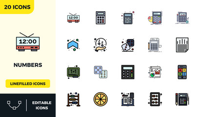 20 Lineal Color Filled Vector Icons from Numbers in 128x128 PIXEL Perfect Quality
