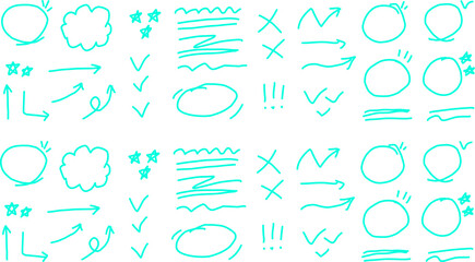 Blue hand-drawn doodle elements on white background. Includes arrows, circles, stars, speech bubbles, check marks, and lines for notes, highlights, and design.
