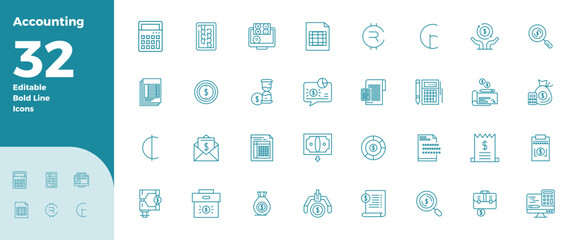 32 PIXEL Perfect Vector Icons themed around Accounting in 128x128 Bold Line format