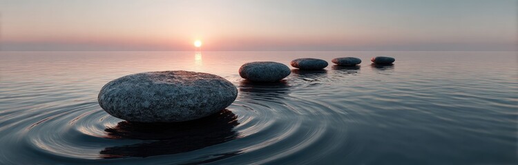 Serene sunset scene with four smooth, grey stones floating on calm water, creating gentle ripples; the sun sets in the background
