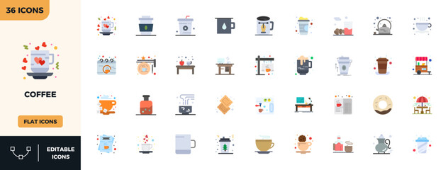 36 PIXEL Perfect Flat Colorful Vector Icons from Coffee Collection