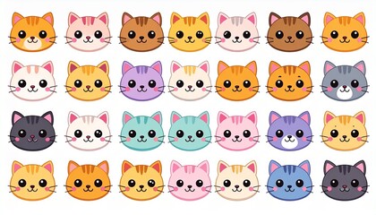 Fototapeta premium A collection of adorable, cartoon cat faces in various pastel colors.