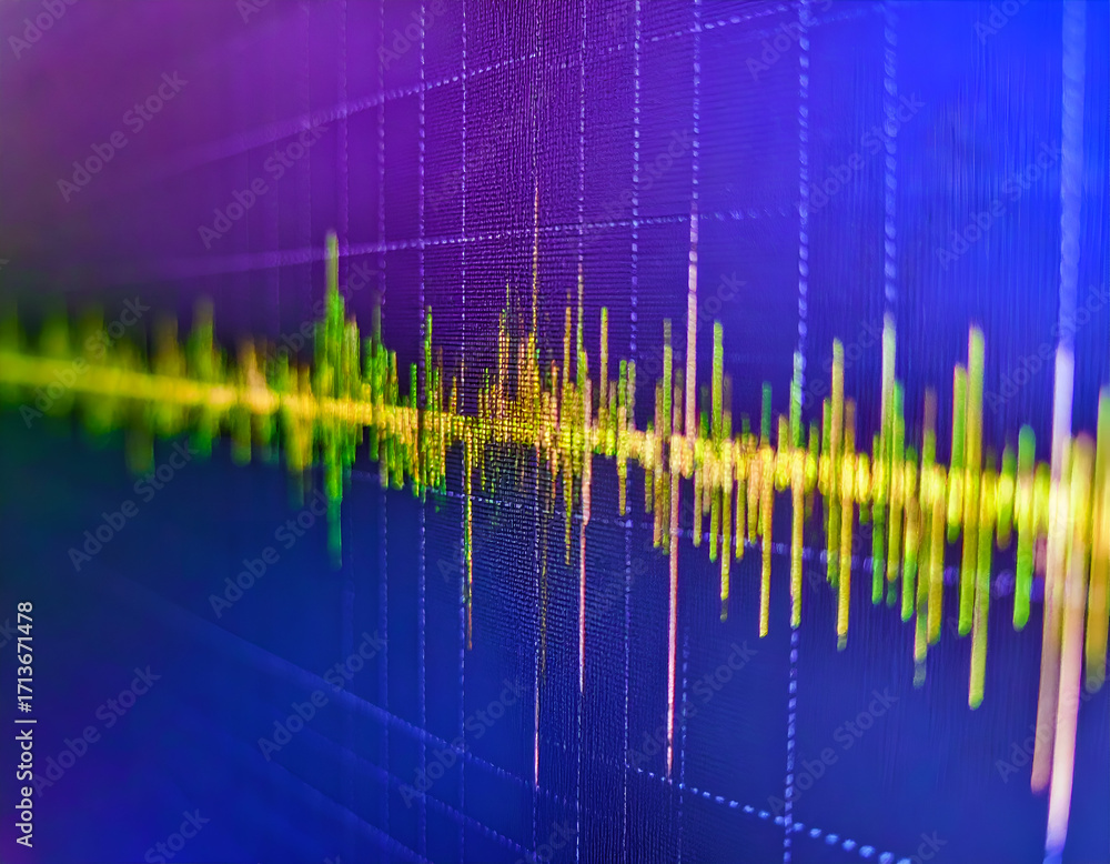 Poster vibrant abstract digital sound wave or equalizer display on a blue and purple grid background, symbo