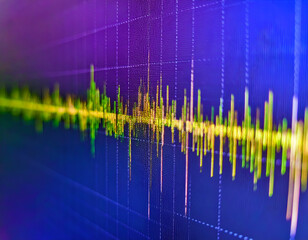 Vibrant abstract digital sound wave or equalizer display on a blue and purple grid background, symbolizing audio analysis, technology, and data visualization.