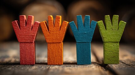 Colorful Wooden Hand Shapes Symbolizing Unity and Diversity on Rustic Background
