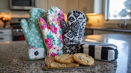 Colorful Kitchen Mitts with Cookies and Brownies on a Granite Countertop in a Bright Kitchen Setting