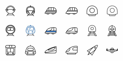 Collection of twenty different simple line drawing style airplanes and blimps in a grid pattern format