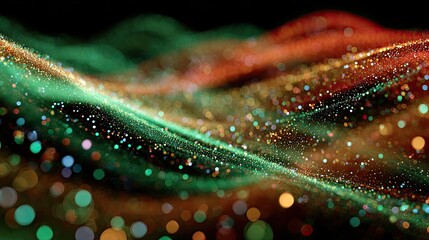 Vibrant Abstract Background with Colorful Particles and Flowing Waves of Light in Green, Red, and Gold Tones