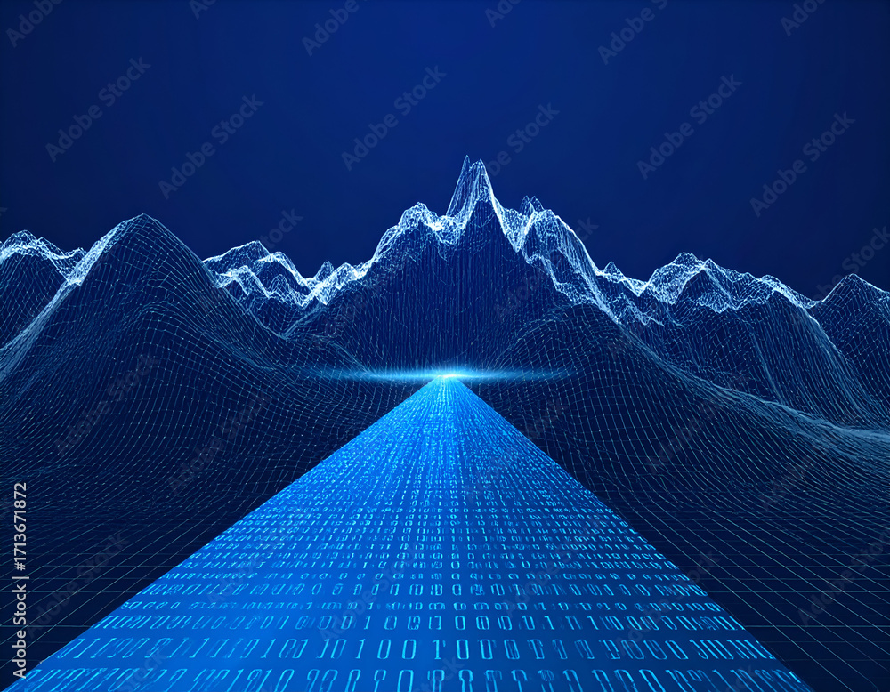 Aufkleber abstract blue digital landscape with wireframe mountains and a glowing binary code path, symbolizing