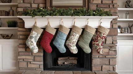 Cozy Holiday Scene with Colorful Stockings Hanging from a Rustic Stone Fireplace Mantel