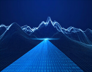Abstract blue digital landscape with wireframe mountains and a glowing binary code path, symbolizing data flow and technology advancement.