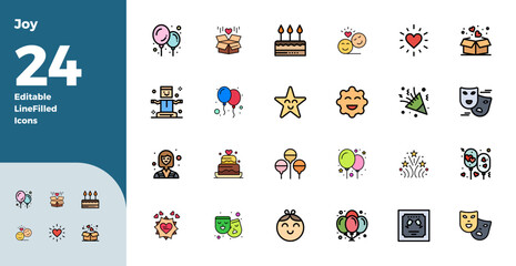 Fototapeta premium 24 Flat Line Filled PIXEL Perfect Vector Icons for Joy Graphics