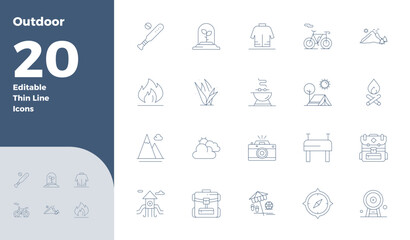 20 PIXEL Perfect Vector Icons themed around Outdoor in 128x128 Slim Line format