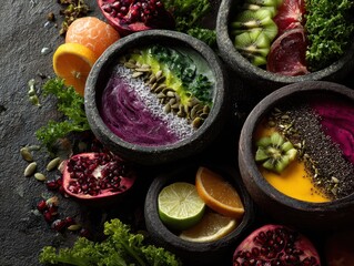 Vibrant Bowls of Healthy Food Artfully Arranged on Dark Surface.