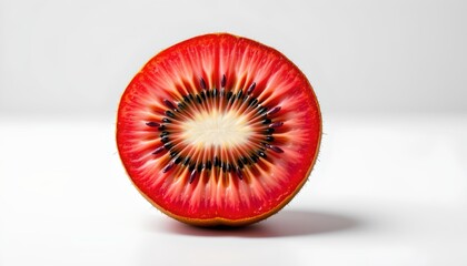 A single, bright red kiwi with its seeds exposed, placed against a neutral background.