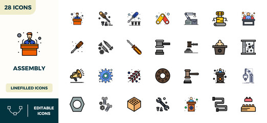 28 Lineal Color Filled PIXEL Perfect Vector Icons for Assembly Graphics