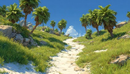 Obraz premium Sunny path winds through lush tropical hillside, dotted with palm trees, rocks, and wildflowers under a bright blue sky