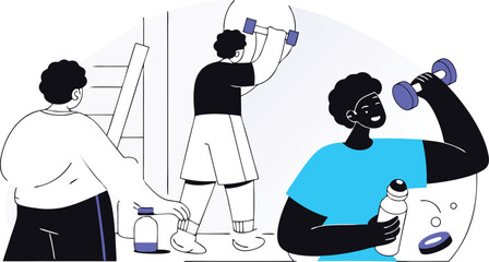 Modern vector illustration of diverse people exercising and staying healthy at home