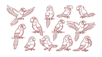 Collection of Parrot illustrations: A whimsical set of charming parrot illustrations, captured in a line art style. These feathered friends are depicted in a variety of poses and expressions. © Atiya