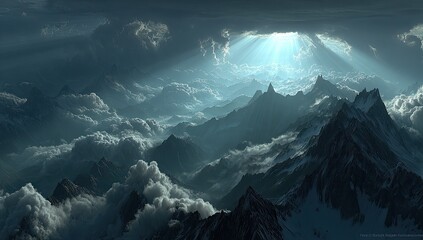 Sunbeams pierce a dramatic, high-altitude mountain range cloaked in swirling clouds, casting deep shadows and highlighting snow-capped peaks