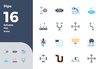 16 PIXEL Perfect Vector Icons themed around Pipe in 128x128 Flat format