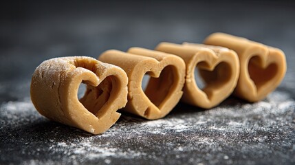 Heart-Shaped Cookie Dough Rolls on a Dark Surface Dusting of Flour for Baking and Culinary Arts