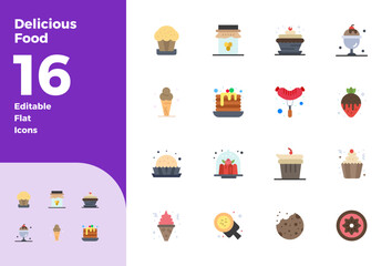 16 Flat Vector Icons designed for Delicious Food in 128x128 PIXEL Perfect format