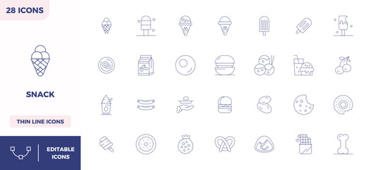 Snack Visual Pack containing 28 Thin Outline PIXEL Perfect Vector Icons