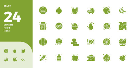 Diet Vector Icon Library with 24 Glyph 128x128 PIXEL Perfect Designs