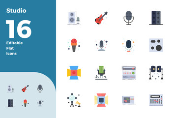 16 PIXEL Perfect Vector Icons themed around Studio in 128x128 Flat format