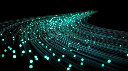 Abstract glowing lines of turquoise light with dots flowing in a dynamic motion on a dark background
