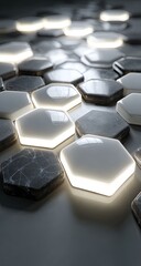 Obraz premium Illuminated hexagonal tiles in white and dark grey, glossy finish, arranged in repeating pattern, glowing edges