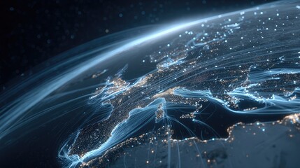 Stunning Digital Representation of Earth&rsquo;s Surface with Connected Lines and Bright Cities at Night