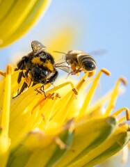 Naklejka premium Close-up of bees on a vibrant yellow flower