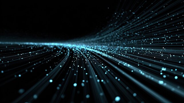 Abstract digital background with flowing light particles and glowing lines in dark space creating a futuristic atmosphere