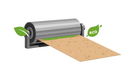 Industrial roller machine producing eco-friendly recycled paper, symbolizing sustainable manufacturing and green technology.