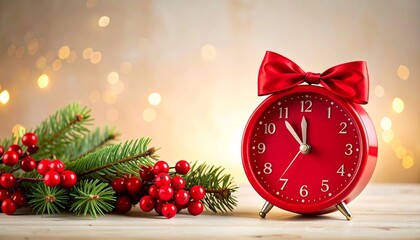 Festive Red Alarm Clock with Christmas Decorations.