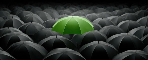 A single vibrant green umbrella stands out amongst a sea of dark gray umbrellas