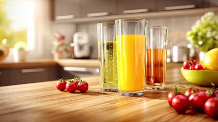 Freshly Squeezed Juice and Colorful Drinks in Glasses on Wooden Kitchen Table Surrounded by Vegetables and Fruits