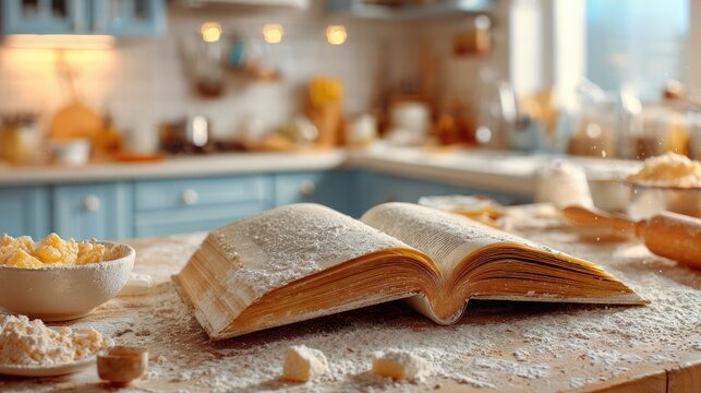 Open recipe book with flour and ingredients on kitchen table for baking delicious desserts and homemade pastries