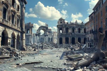 Destroyed city center after war showing rubble and damaged buildings