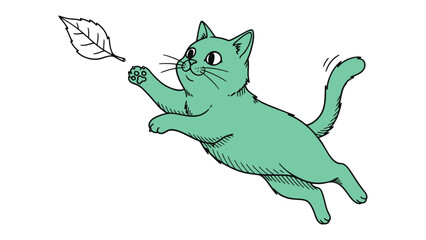 Playful Pounce: A charming feline leaps towards a falling leaf, captured in a whimsical illustration, evoking joy and the simple pleasures of life.