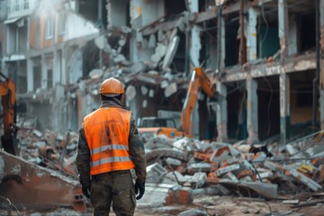 Construction worker supervising demolition of old building