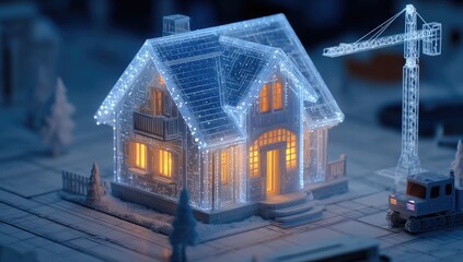 A luminous, wireframe house model glows, situated beside a miniature construction crane and truck, suggesting modern building technology or smart home concepts